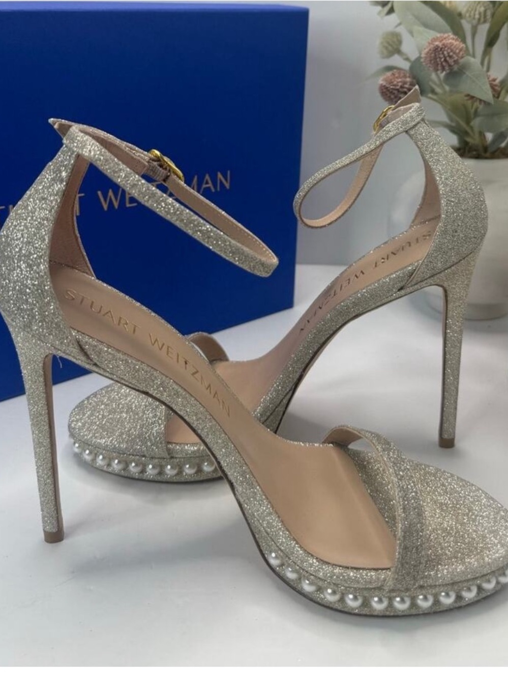 Stuart Weitzman Silver Glitter Pearl-Trim High Heel Sandals 8 B - Picture 6 of 9